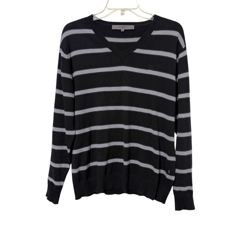 Givenchy Men’s Medium Black Gray Striped‎ V Neck Sweater Knit Designer Preppy